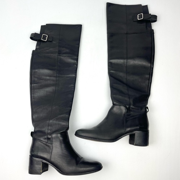 Zara Over the Knee Black Leather Buckle Heel Boots - Picture 1 of 12